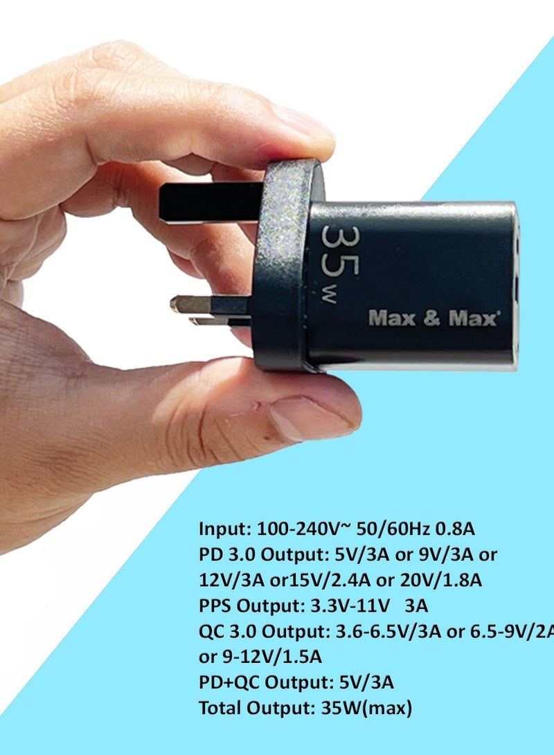 ماكس آند ماكس شاحن سريع 35 وات GaN بمنفذين Type-C + محول USB-A - متوافق مع iPhone 15/14/13 وSamsung S23/S22 وiPad والمزيد - أسود - Image 5