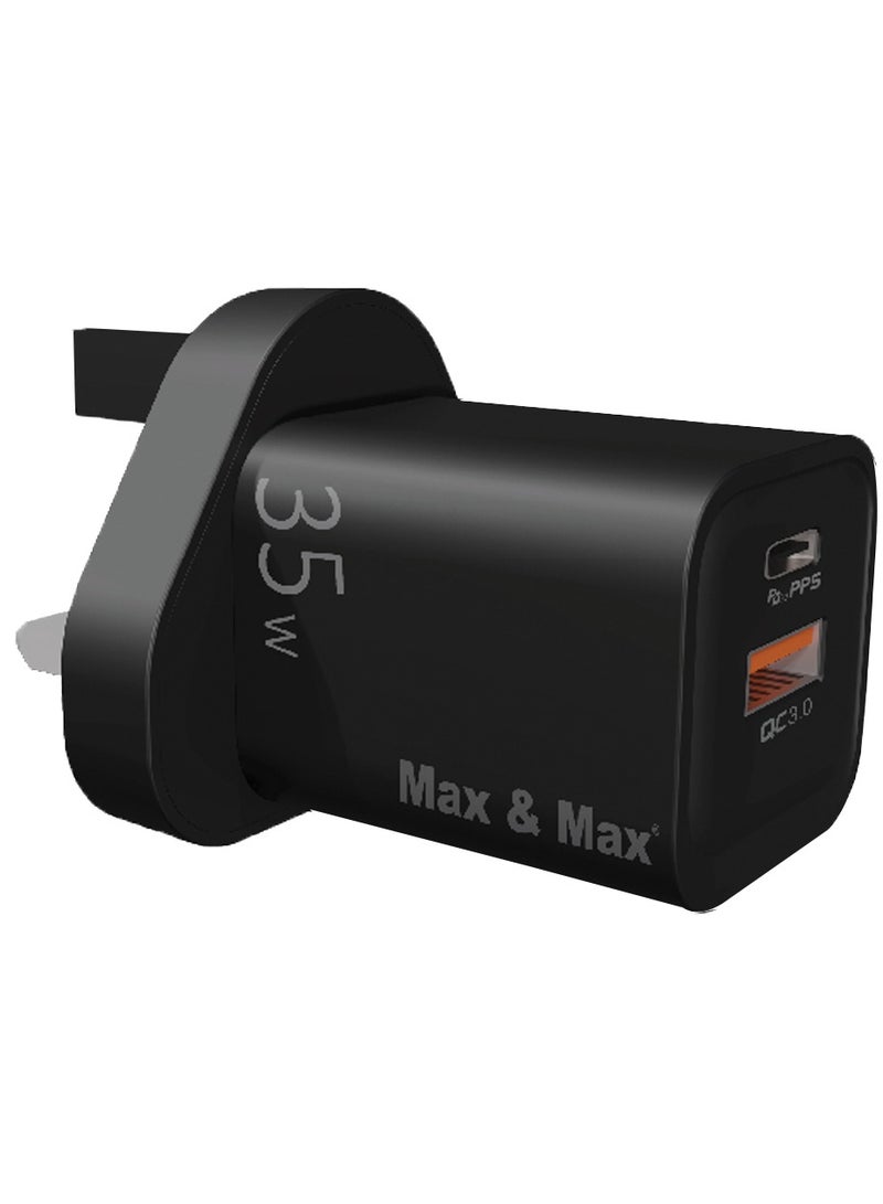 ماكس آند ماكس شاحن سريع 35 وات GaN بمنفذين Type-C + محول USB-A - متوافق مع iPhone 15/14/13 وSamsung S23/S22 وiPad والمزيد - أسود - Image 1