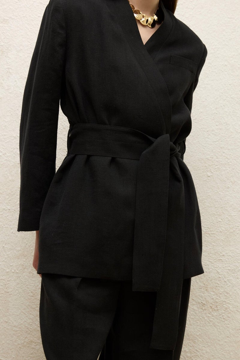 Manuka Linen Double Breasted Blazer Jacket Black  - Image 1