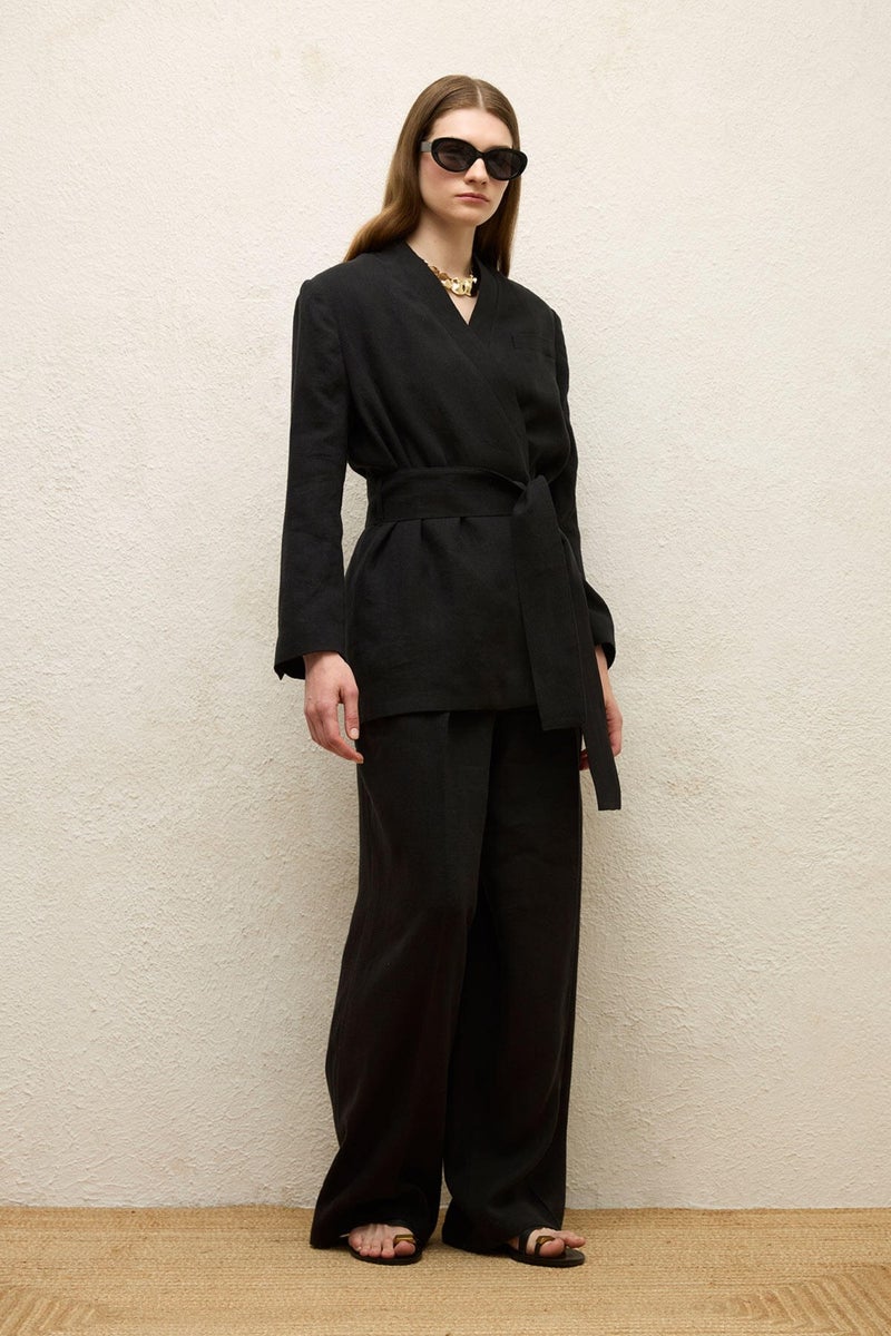 Manuka Linen Double Breasted Blazer Jacket Black  - Image 3