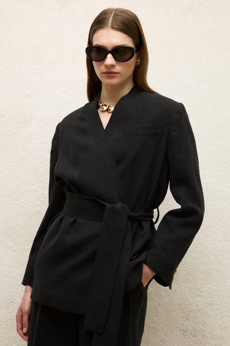 Manuka Linen Double Breasted Blazer Jacket Black  - Image 2