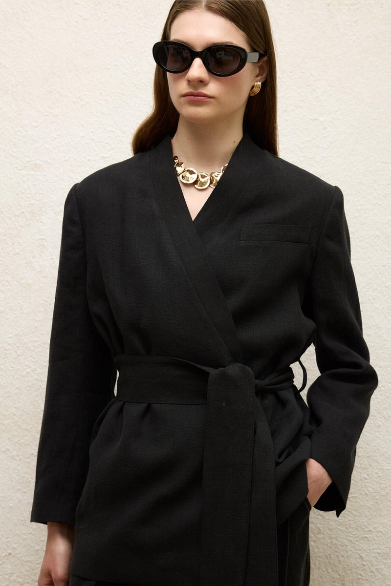 Manuka Linen Double Breasted Blazer Jacket Black  - Image 5