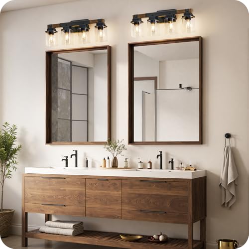 GOEBLESON 4-Light Bathroom Light Fixtures, Farmhouse Vanity Lights for Bathroom with Glass Square Shade, Rustic Vanity Lights, Sconce Wall Light, E26 Base (Bulbs Not Included), ETL Listed FS09BD05 - Image 4