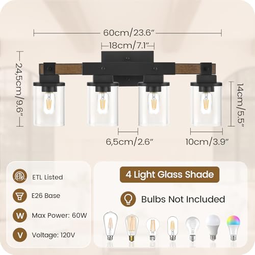 GOEBLESON 4-Light Bathroom Light Fixtures, Farmhouse Vanity Lights for Bathroom with Glass Square Shade, Rustic Vanity Lights, Sconce Wall Light, E26 Base (Bulbs Not Included), ETL Listed FS09BD05 - Image 2