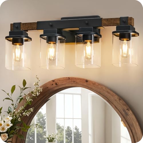 GOEBLESON 4-Light Bathroom Light Fixtures, Farmhouse Vanity Lights for Bathroom with Glass Square Shade, Rustic Vanity Lights, Sconce Wall Light, E26 Base (Bulbs Not Included), ETL Listed FS09BD05 - Image 1