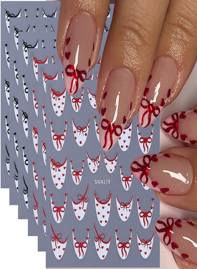 SINSEN Valentine’s Day Nail Art Stickers Cute Bow French Tip 3D Self-Adhesive Nail Decals Nail Art Supplies 6PCS Black Red Mini Love Heart Dot Valentines Nails Manicure Sliders for Women DIY Nail Design - Image 1