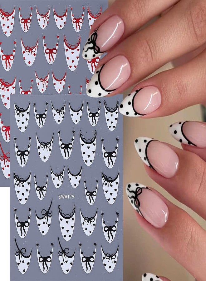 SINSEN Valentine’s Day Nail Art Stickers Cute Bow French Tip 3D Self-Adhesive Nail Decals Nail Art Supplies 6PCS Black Red Mini Love Heart Dot Valentines Nails Manicure Sliders for Women DIY Nail Design - Image 2