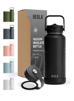 BEOLA 950ml Water Bottle 18/8 Stainless Steel 304 Double Wall Insulated Thermos Bottle with Straw Lid and wide mouth, 2 lids included, Hot Cold Liquids Sports Bottle, 32oz (Mountain Black)  - Image 1