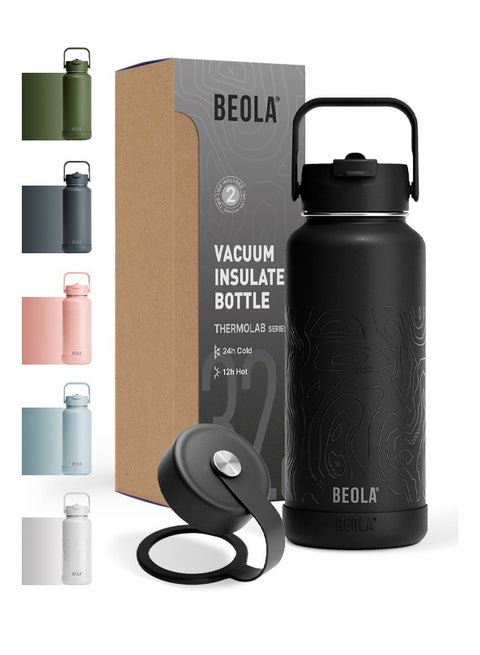 950ml Water Bottle 18/8 Stainless Steel 304 Double Wall Insulated Thermos Bottle with Straw Lid and wide mouth, 2 lids included, Hot Cold Liquids Sports Bottle, 32oz (Mountain Black)