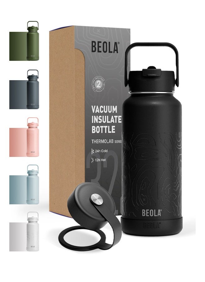 BEOLA 950ml Water Bottle 18/8 Stainless Steel 304 Double Wall Insulated Thermos Bottle with Straw Lid and wide mouth, 2 lids included, Hot Cold Liquids Sports Bottle, 32oz (Mountain Black)  - Image 1