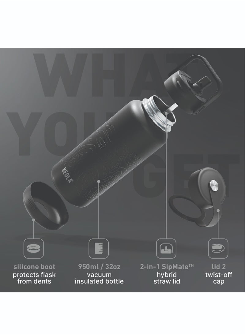BEOLA 950ml Water Bottle 18/8 Stainless Steel 304 Double Wall Insulated Thermos Bottle with Straw Lid and wide mouth, 2 lids included, Hot Cold Liquids Sports Bottle, 32oz (Mountain Black)  - Image 2