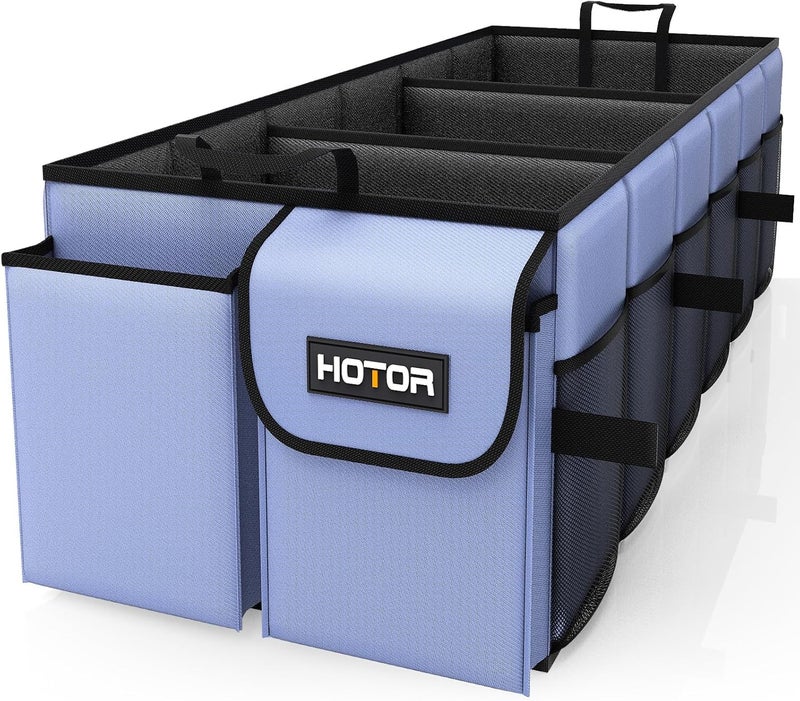 HOTOR Foldable Trunk Organizer - SUV & Sedan Compatible, 3 Compartment Blue