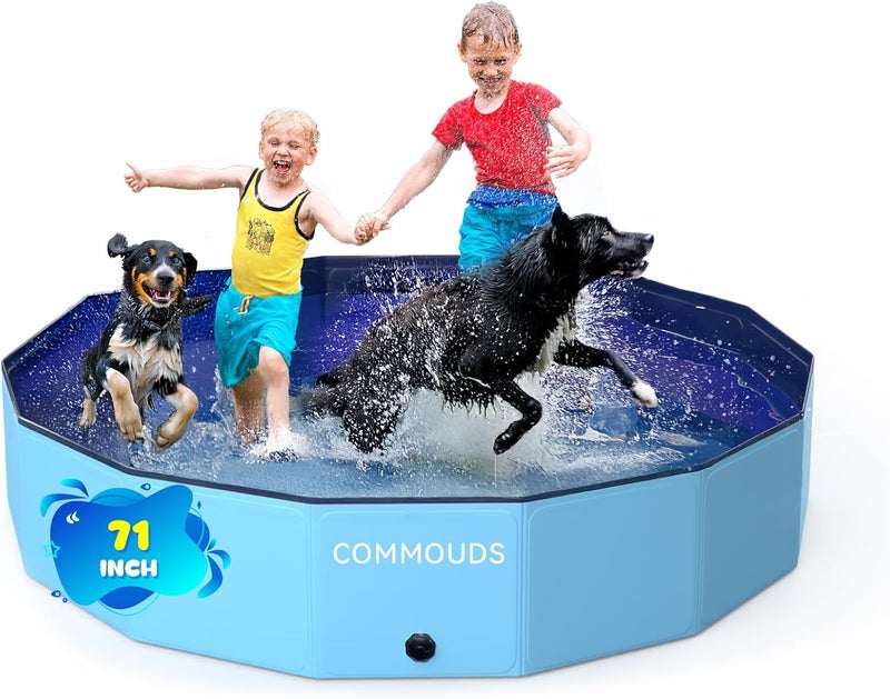 COMMOUDS Foldable Dog Pool, Collapsible Hard Plastic Dog Kiddie Swimming Pool, Portable Pet Bath Tub Wading Pools for Kids and Puppy Small Medium Large Dogs(71inch.D x 12inch.H) - Image 1
