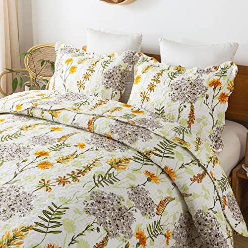 Travan 3-Piece Quilt Set Quilted Bedspread Lightweight Reversible Coverlet Set Floral Printed Oversized Quilted Bedding Set with Shams for All Season, Yellow Flower, King Size - Image 3