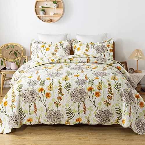 Travan 3-Piece Quilt Set Quilted Bedspread Lightweight Reversible Coverlet Set Floral Printed Oversized Quilted Bedding Set with Shams for All Season, Yellow Flower, King Size - Image 1