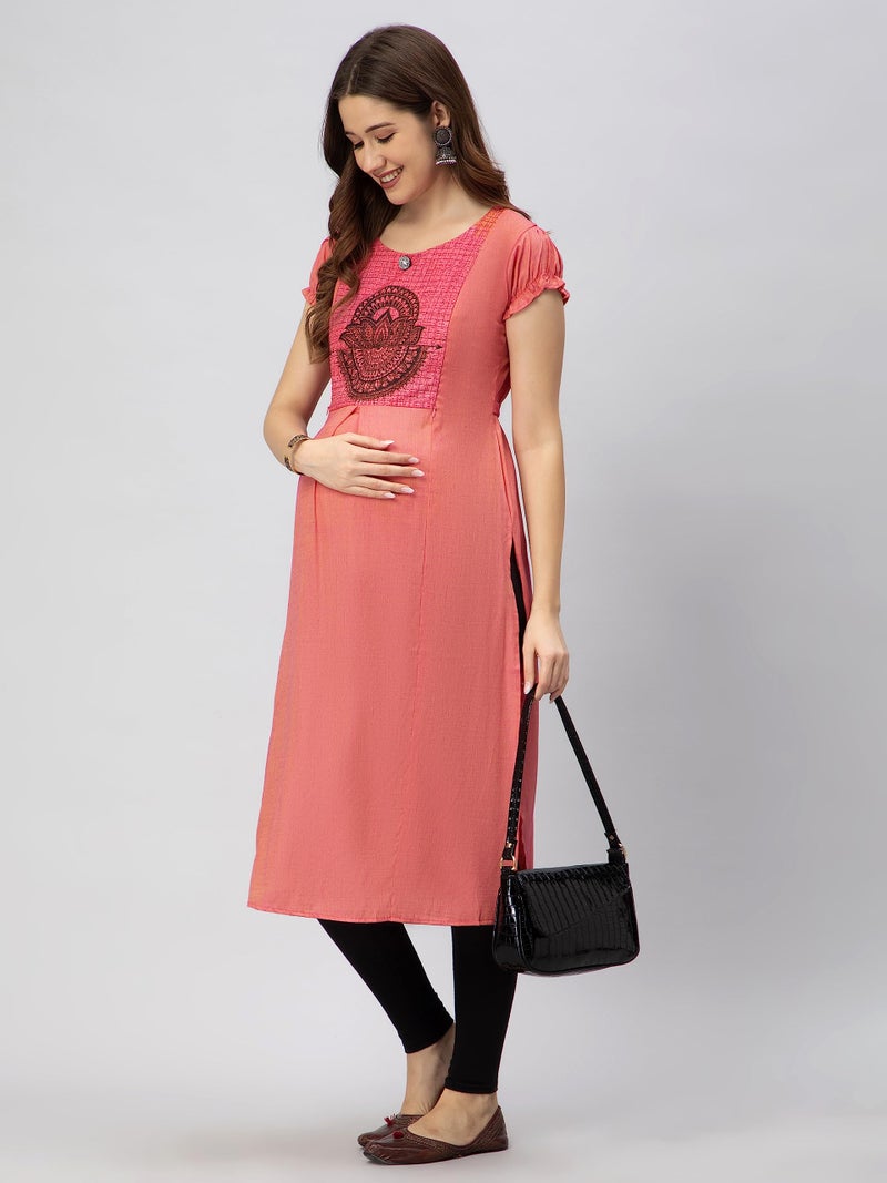 CEE 18 Cotton Rayon Straight Maternity Feeding Kurti for Women with Zippers | Maternity Dress in Breathable Fabric for Pre and Post Pregnancy & Nursing for Mom (Medium,Peppy Pink) - Image 4