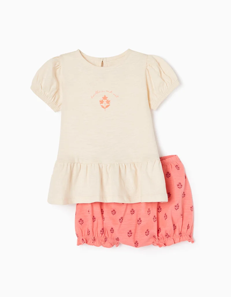 Zippy Cotton T-shirt + Shorts Set for Baby Girls 'Flowers', Beige/Coral