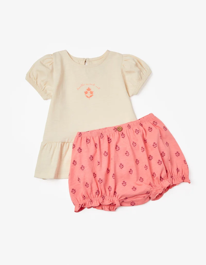 Zippy Cotton T-shirt + Shorts Set for Baby Girls 'Flowers', Beige/Coral