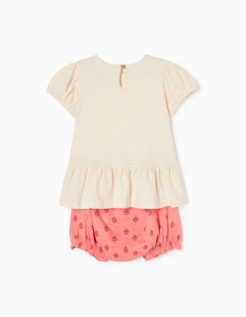 Zippy Cotton T-shirt + Shorts Set for Baby Girls 'Flowers', Beige/Coral