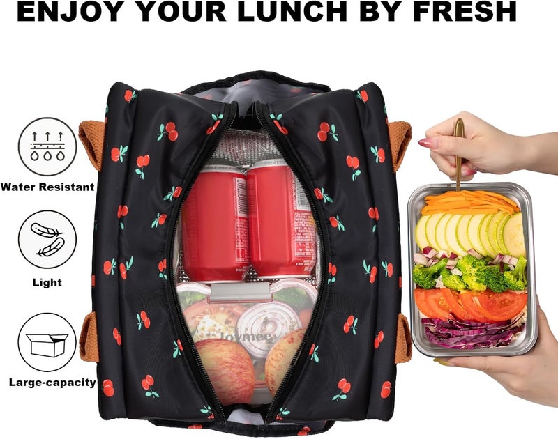 Joymee Lunch Bag Women Insulated Lunch Box Reusable Leakproof Large Spacious Cooler Tote for Women Men Adult with Bottle Holder and Side Pockets for Work Office Travel Picnic - Cherry - Image 3