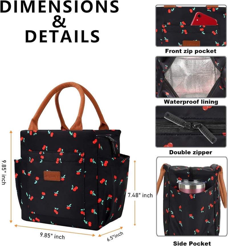 Joymee Lunch Bag Women Insulated Lunch Box Reusable Leakproof Large Spacious Cooler Tote for Women Men Adult with Bottle Holder and Side Pockets for Work Office Travel Picnic - Cherry - Image 5