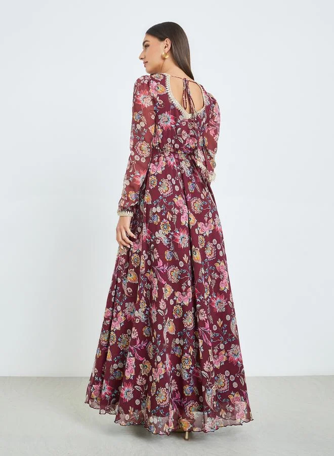 Styli  Burgundy Sweetheart Neck Floral Maxi Dress for Women | Best Price UAE