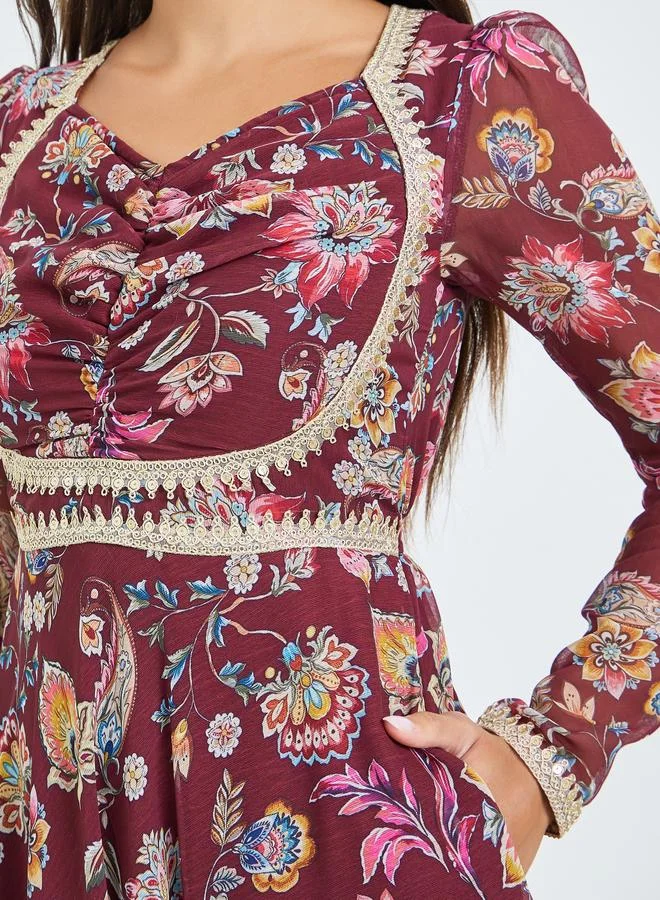 Styli  Burgundy Sweetheart Neck Floral Maxi Dress for Women | Best Price UAE