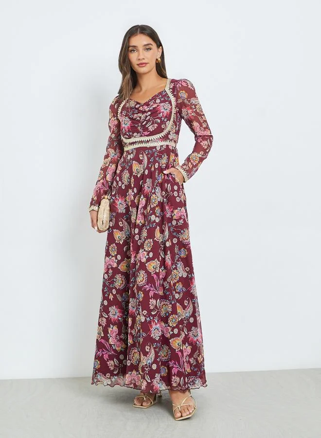 Styli  Burgundy Sweetheart Neck Floral Maxi Dress for Women | Best Price UAE
