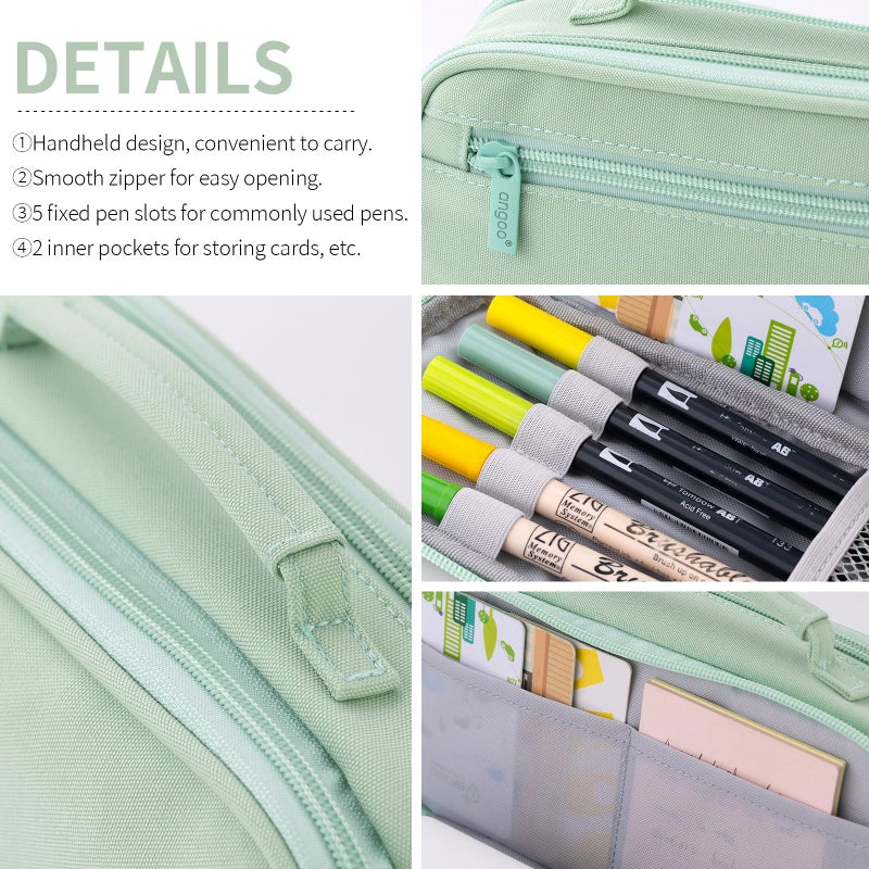 EASTHILL Large Capacity Pencil Case Pen Pouch Organizer Canvas Pencil Bag with Handle School Supplies for Teen Girls-Green - Image 5