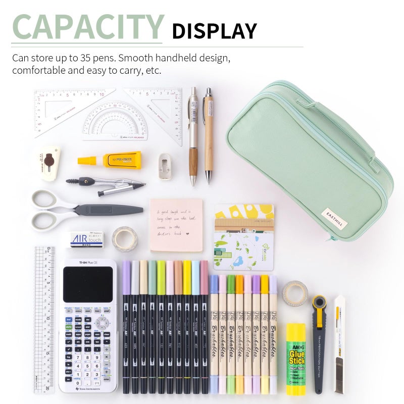EASTHILL Large Capacity Pencil Case Pen Pouch Organizer Canvas Pencil Bag with Handle School Supplies for Teen Girls-Green - Image 4