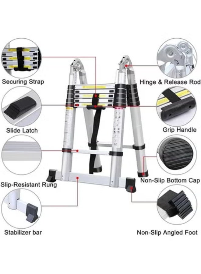 A-Frame Telescopic Ladder 5M (2.5M + 2.5M) – Multi-Purpose Foldable Aluminum Loft Ladder with Stabilizer, Portable 2x8 Steps, Extendable for Tall Roofs, Max Load 330 lbs - Image 4