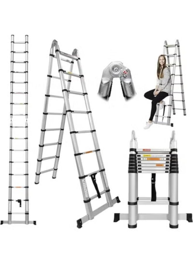 A-Frame Telescopic Ladder 5M (2.5M + 2.5M) – Multi-Purpose Foldable Aluminum Loft Ladder with Stabilizer, Portable 2x8 Steps, Extendable for Tall Roofs, Max Load 330 lbs - Image 1