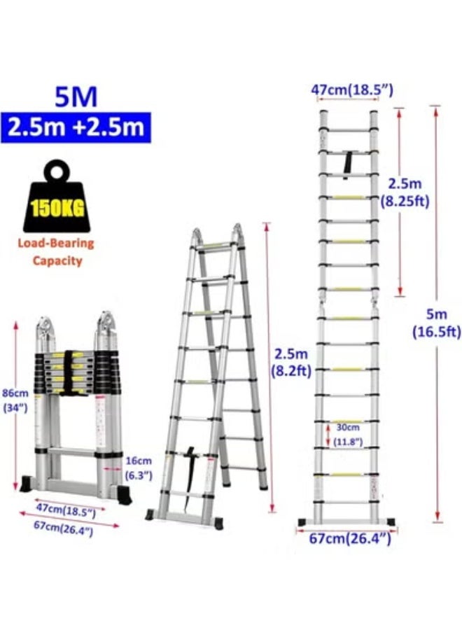 A-Frame Telescopic Ladder 5M (2.5M + 2.5M) – Multi-Purpose Foldable Aluminum Loft Ladder with Stabilizer, Portable 2x8 Steps, Extendable for Tall Roofs, Max Load 330 lbs - Image 2