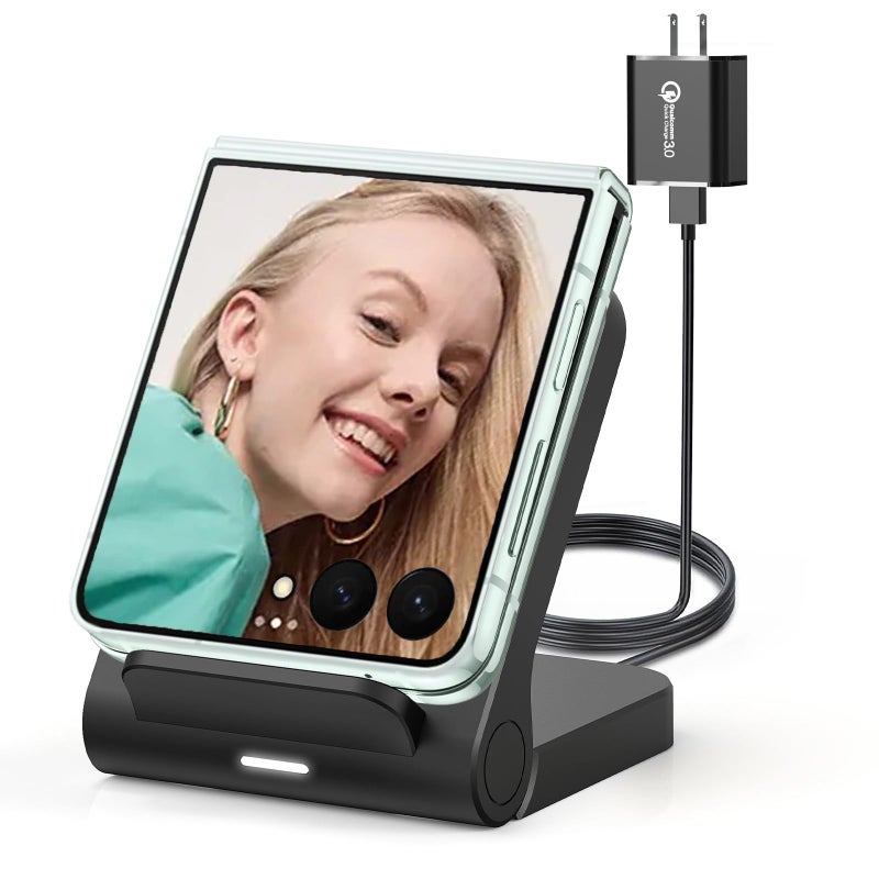 Geyo Wireless Charger for Samsung Galaxy Z Flip, 15W Fast Wireless Charging Stand, Compatible with Z Flip 7/6/5/4, for Motorola Razr/Razr+/Razr Ultra 2025, Non-Fold (QC3.0 Adapter Included) Black - Image 1