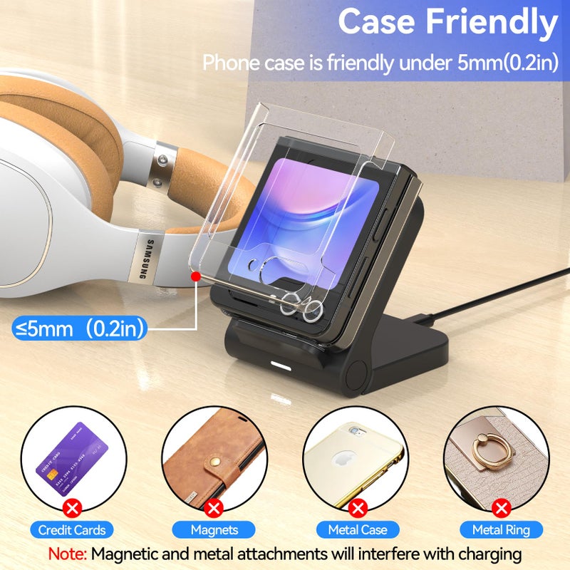 Geyo Wireless Charger for Samsung Galaxy Z Flip, 15W Fast Wireless Charging Stand, Compatible with Z Flip 7/6/5/4, for Motorola Razr/Razr+/Razr Ultra 2025, Non-Fold (QC3.0 Adapter Included) Black - Image 4