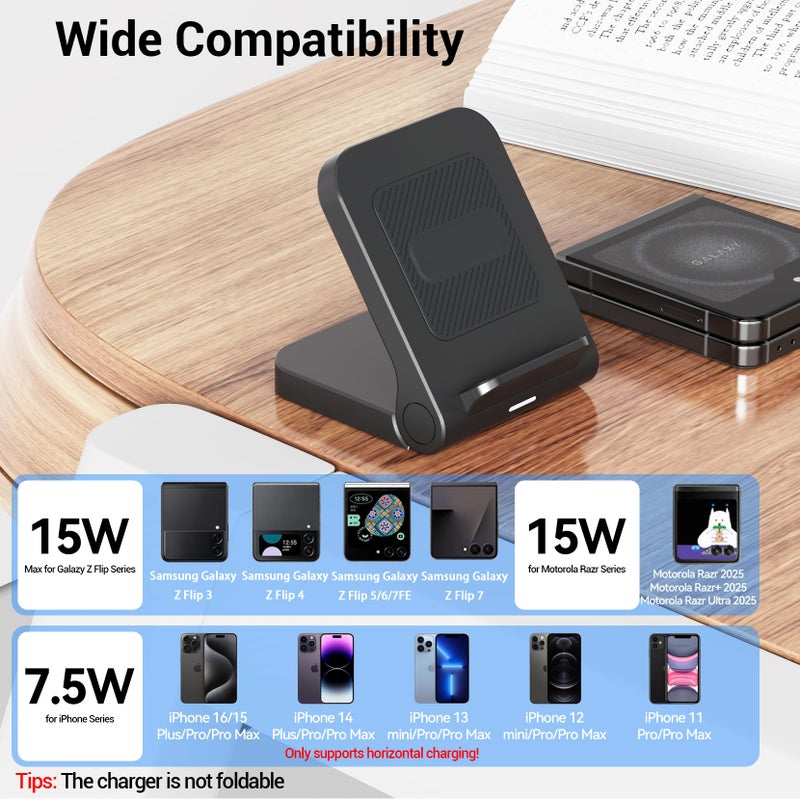 Geyo Wireless Charger for Samsung Galaxy Z Flip, 15W Fast Wireless Charging Stand, Compatible with Z Flip 7/6/5/4, for Motorola Razr/Razr+/Razr Ultra 2025, Non-Fold (QC3.0 Adapter Included) Black - Image 3