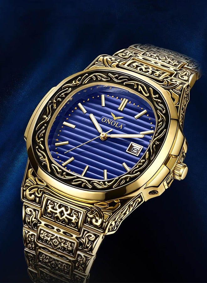 ONOLA ​​ONOLA Men's Classic Retro Quartz Watch - Gold-Tone Case with Blue Dial, Stainless Steel Strap, 30M Water Resistance, Suitable for Business & Casual Occasions, Ideal Gift Choice​​ - Image 2