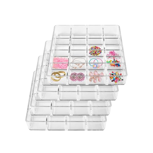 Hiyoo 4 PCS Stackable 16 Grids Jewelry Organizer Tray, Clear Earring Display Stand Ring Storage Tray Plastic Drawer Organizer for Makeup, Accessories, Desk, Vanity - Image 1