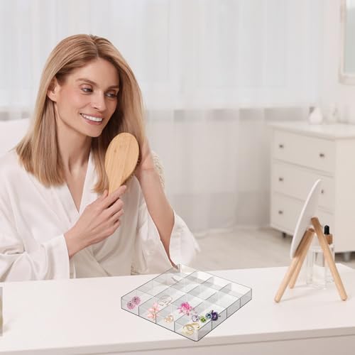 Hiyoo 4 PCS Stackable 16 Grids Jewelry Organizer Tray, Clear Earring Display Stand Ring Storage Tray Plastic Drawer Organizer for Makeup, Accessories, Desk, Vanity - Image 5