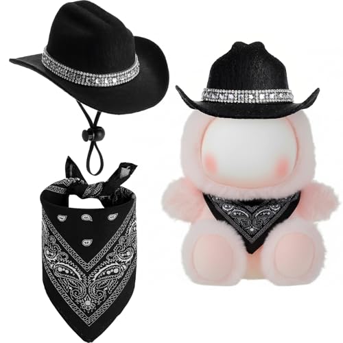 Simgoing 2 Pcs 17cm Doll Cowboy Costume DiamondStudded Cowboy Hat and Scarf for 17cm Mini Toy Western Accessories for Decoration and Display Doll Not IncludeBlack - Image 1