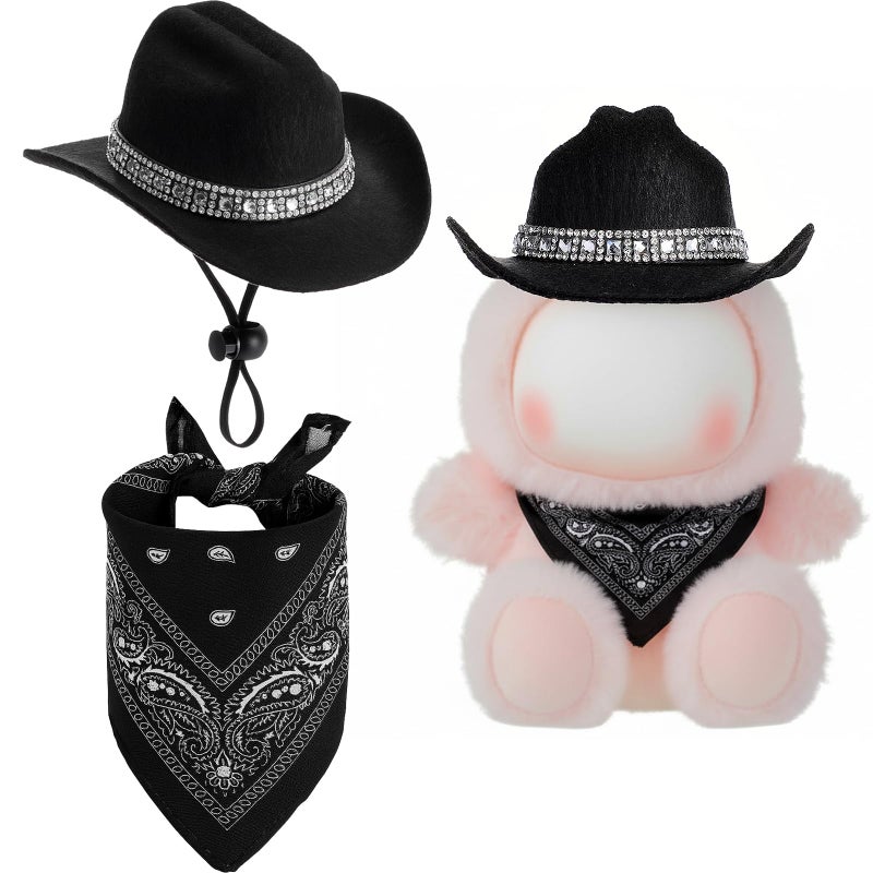 Simgoing 2 Pcs 17cm Doll Cowboy Costume DiamondStudded Cowboy Hat and Scarf for 17cm Mini Toy Western Accessories for Decoration and Display Doll Not IncludeBlack - Image 3