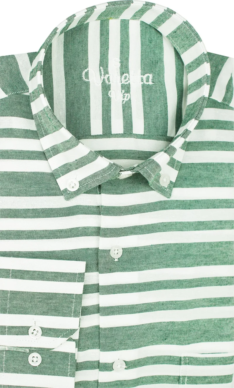 Varetta Men's Green Striped Board Pattern Long Sleeve Button Down Collar Classic Cut Shirt