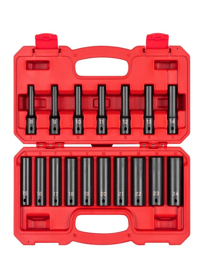 TEKTON 1/2 Inch Drive Deep 12-Point Impact Socket Set with Case, 17-Piece (8-24 mm) | SID92339 - Image 1