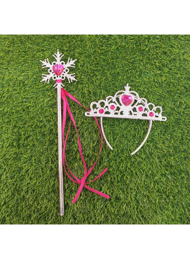Princess Crown Wand Toy Set Birthday Gift Two-piece Pullover Hair Accessories Ice Snow Aisha Magic Wand Crown Princess Set-Color:Rose Two-piece Set - Image 1