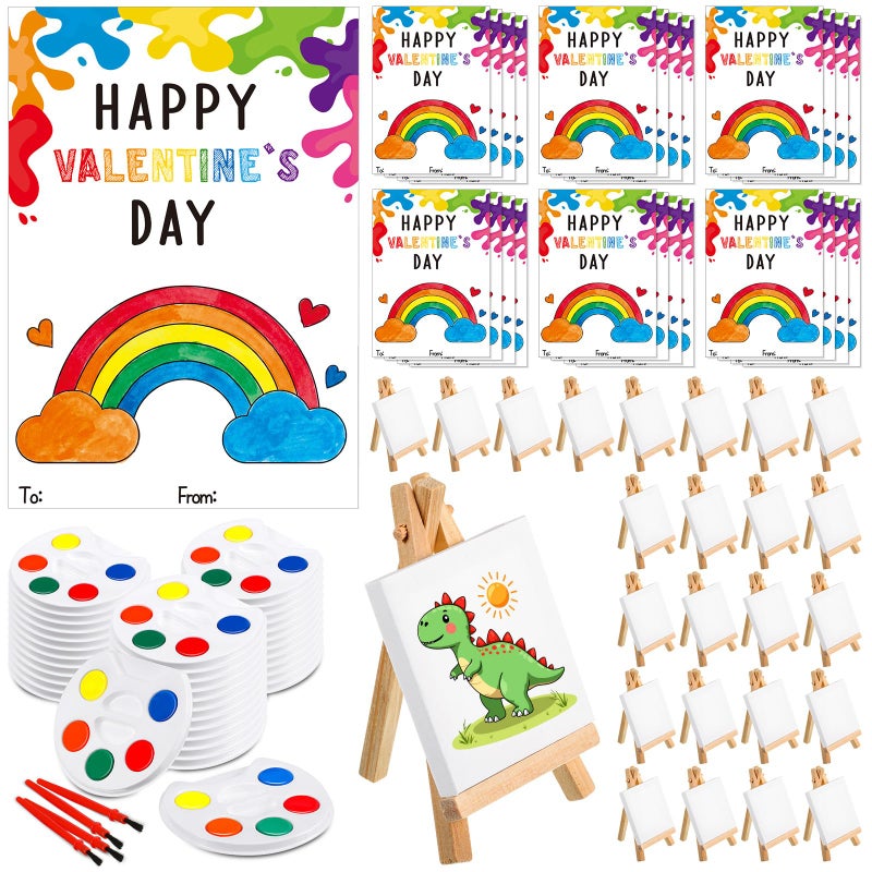 Sabary 32 Sets Valentines Party Favors for Kids Class Valentines Day Gifts Mini Watercolor Paint Set with Easel Valentine Card Painting Canvas Panel Brush for Preschool Classroom Prize Exchange - Image 1