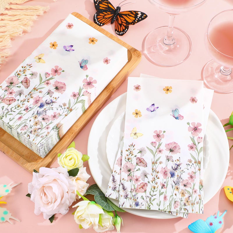 Jetec 200 Pcs Floral Disposable Hand Towels for Bathroom Spring Floral Guest Napkins 2 Ply Flowers Bathroom Guest Towel Napkins Spring Disposable Guests for Birthday Holiday Tea Dinner Party - Image 3