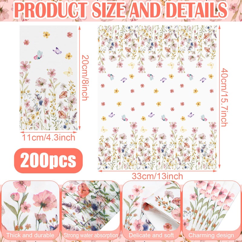 Jetec 200 Pcs Floral Disposable Hand Towels for Bathroom Spring Floral Guest Napkins 2 Ply Flowers Bathroom Guest Towel Napkins Spring Disposable Guests for Birthday Holiday Tea Dinner Party - Image 2