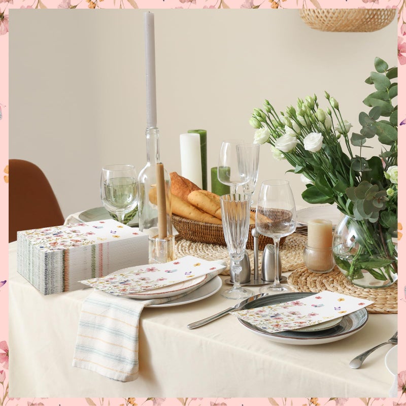 Jetec 200 Pcs Floral Disposable Hand Towels for Bathroom Spring Floral Guest Napkins 2 Ply Flowers Bathroom Guest Towel Napkins Spring Disposable Guests for Birthday Holiday Tea Dinner Party - Image 5