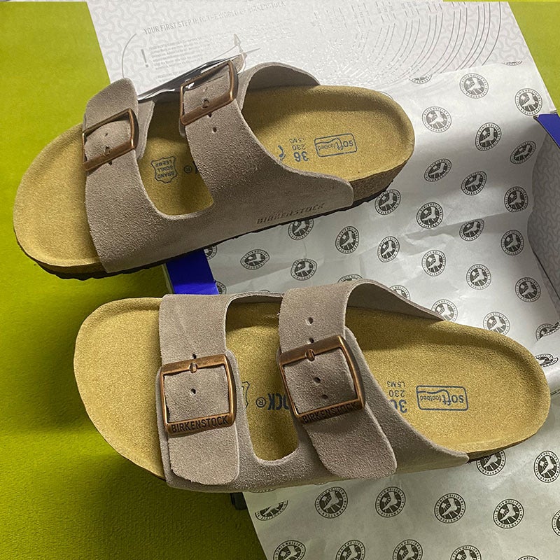 Unisex Cowhide Leather Thick Sole Two-Strap Slide Sandals