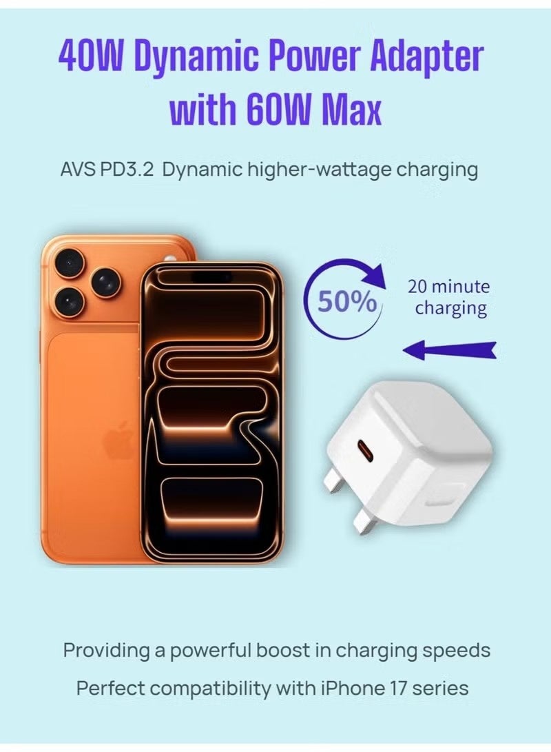 ULIOVA شاحن USB-C فائق السرعة 40 واط، ضغط ديناميكي AVS، متوافق مع أبل/سامسونج/هواوي، أبيض - Image 2